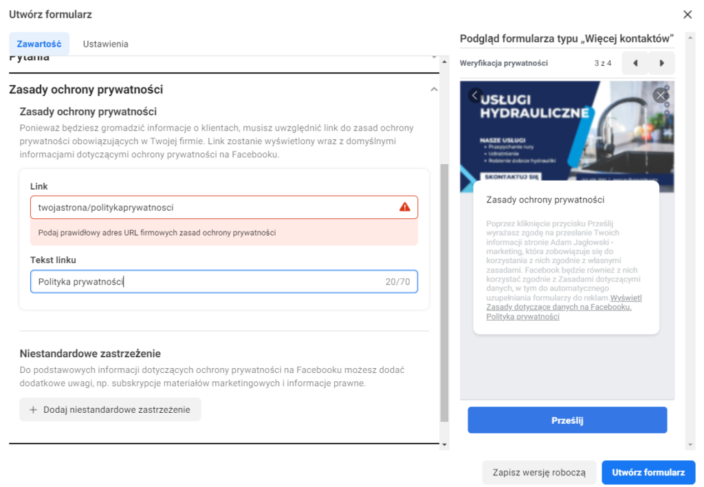 zasady ochrony prywatności, formularz kontaktowy facebook