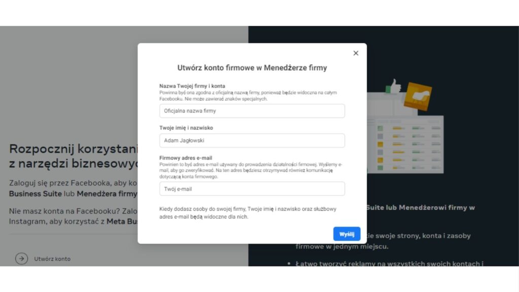 Utwórz konto firmowe w menedżerze firmy screenshot