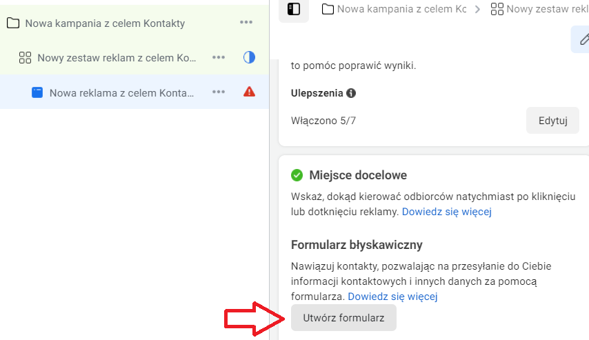 formularz błyskawiczny reklama facebook