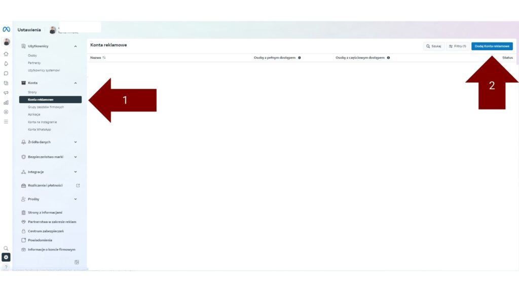 Dodawanie konta reklamowego do menedżera firmy krok pierwszy
