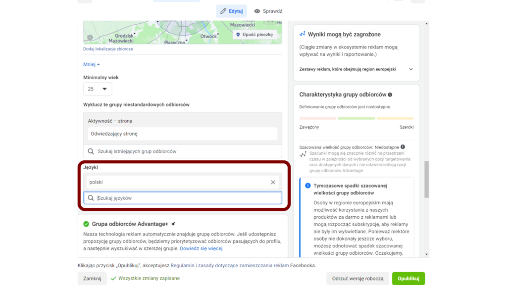języki facebook kontrola grup odbiorców
