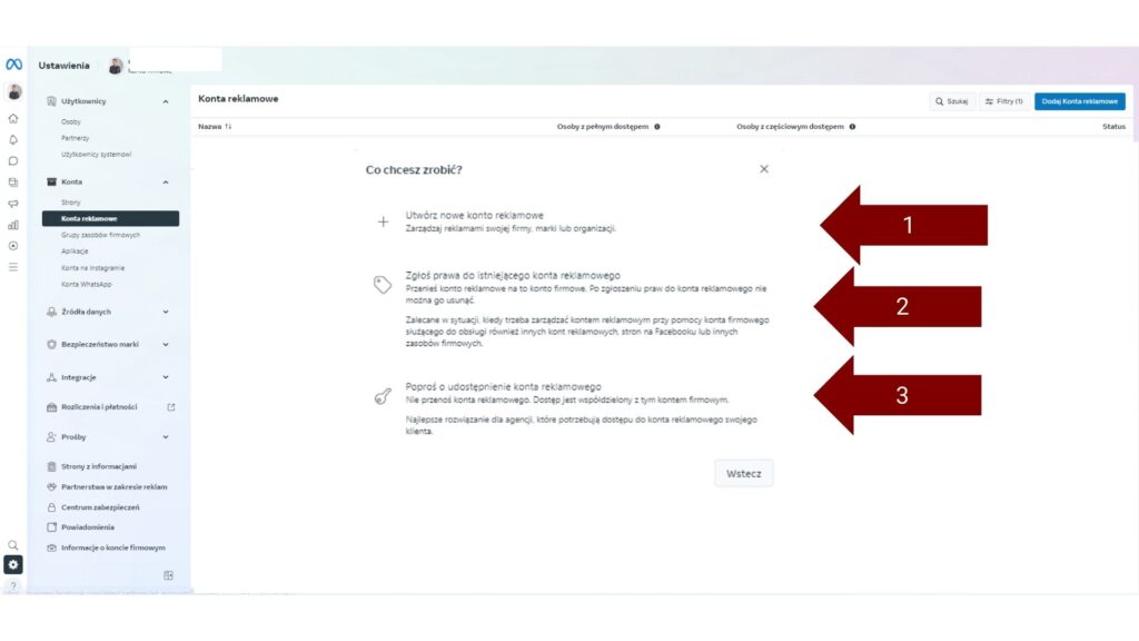 Dodawanie konta reklamowego do menedżera firmy krok drugi